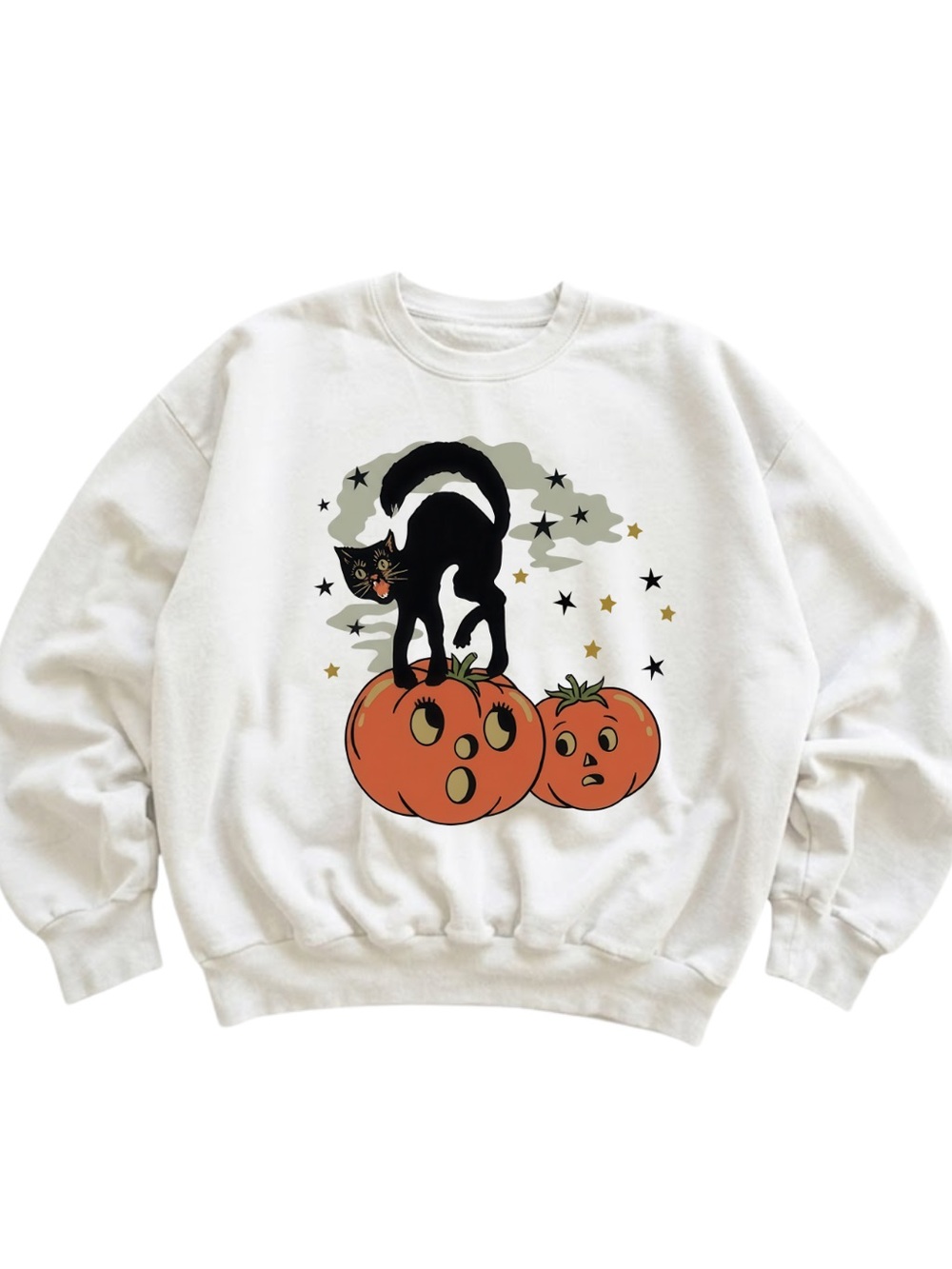 Gildan Halloween White Cat & Pumpkins Graphic Pet-Themed Sweatshirt
